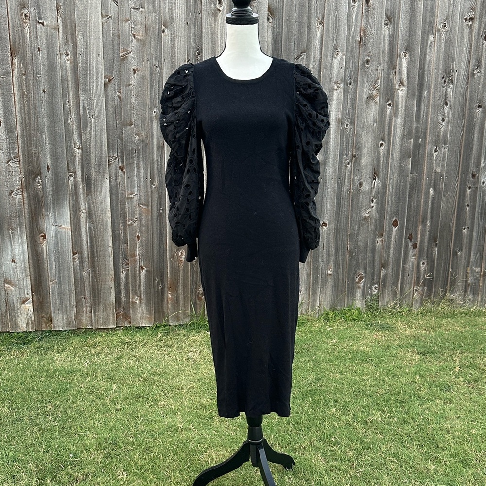 Express Black Eyelet Lace Puff Sleeve Sweater Dress EUC